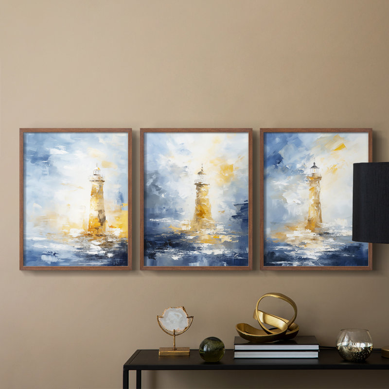 Série Sea and Shore CXL - Ensemble de 3 estampes numériques encadrées - Prêt à être accroché, Cadre noyer, 28" H x 22" W