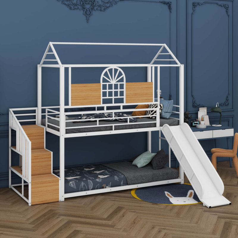 A Metal Twin-Over-Twin Bunk Bed Featuring A Slide And A Storage Staircase, White