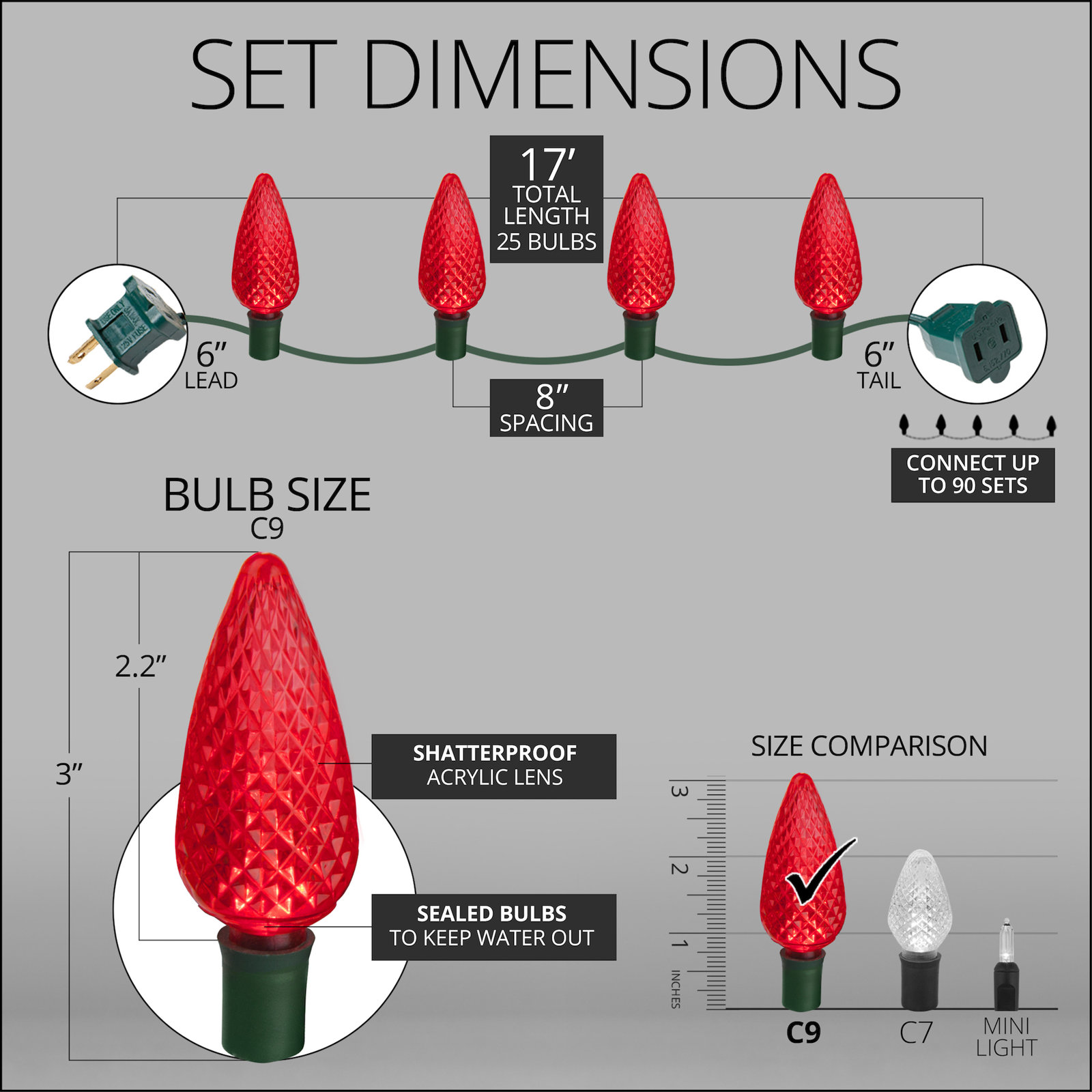C9 LED Christmas String Lights, Red, 17' L, 25