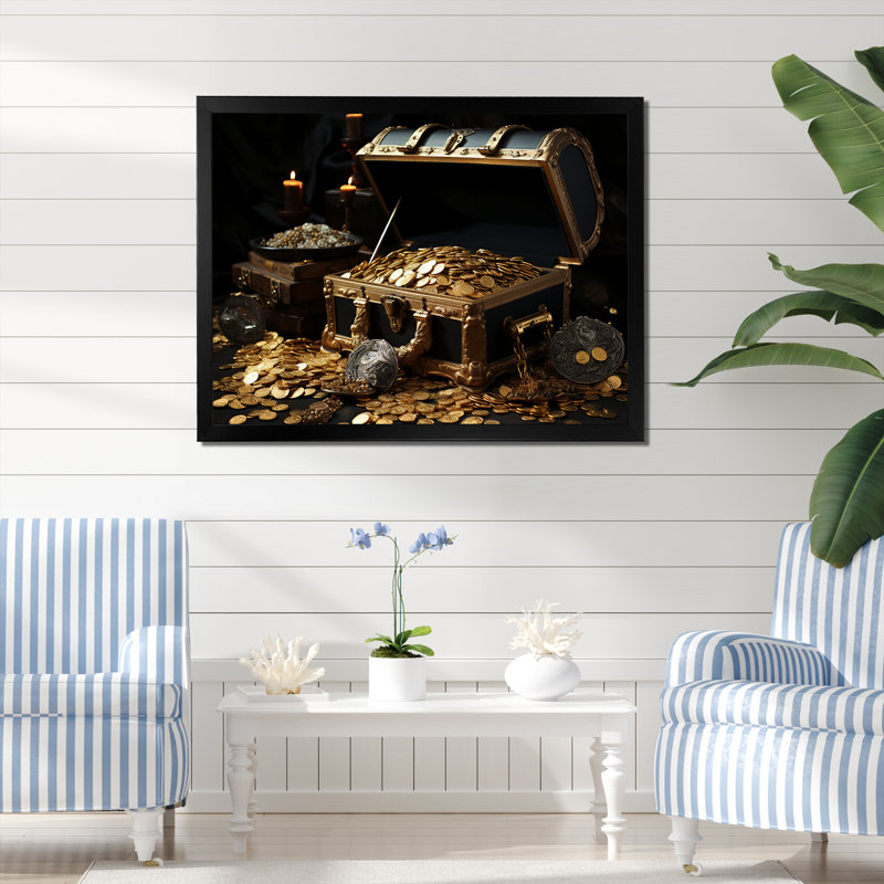 Pirate s Gold treasure 2 - art mural pirate, Cadre d'angle fermé noir, H 16 po x l 32 po x P 1 po