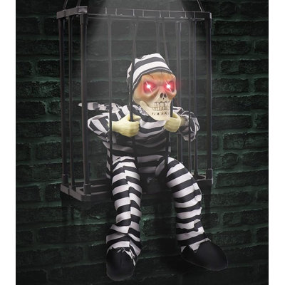 Screaming Animated Halloween Decorations, Halloween Decor Prop With Motion Sensor, Scary Skull Cage Prisoner Haunted House Decor, Spooky Hanging Ghost Light Up Eyes Decorations