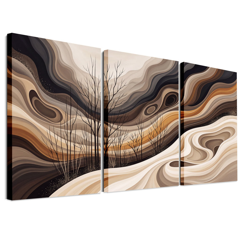 Ensemble de 3 toiles murales représentant des arbres dénudés en silhouette sur fond de tons terreux ondulés