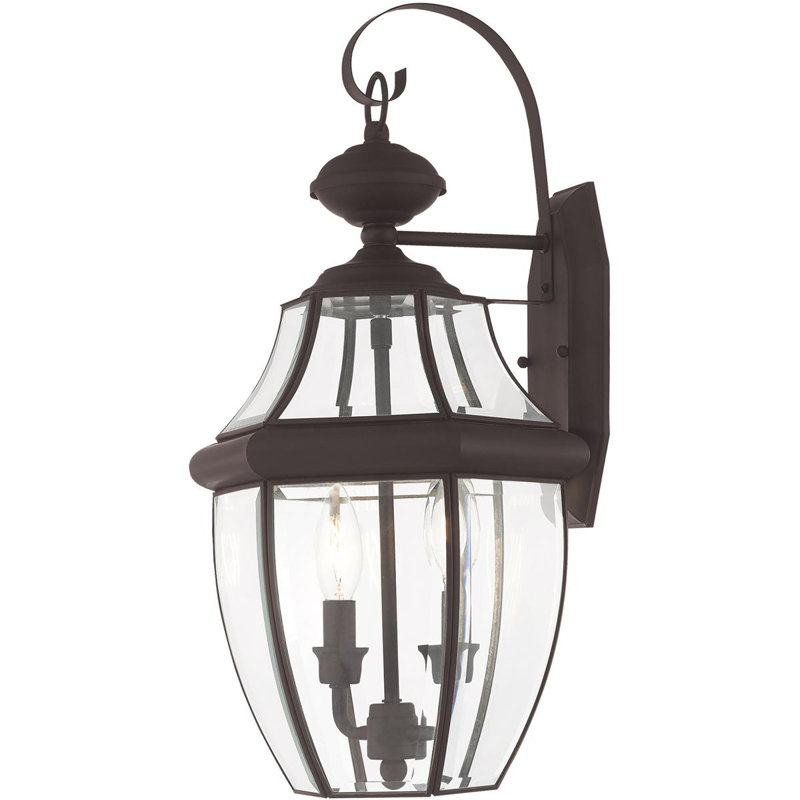 10.5in 2-Light Outdoor Wall Lantern Pendant Fixture with Clear Beveled Glass Shade, Bronze
