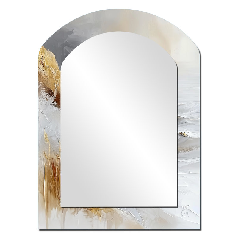 Pure Golden Winter Beach Landscape IV - miroir asymétrique de plage, miroir mural décoratif arqué blanc, impression d'art en métal