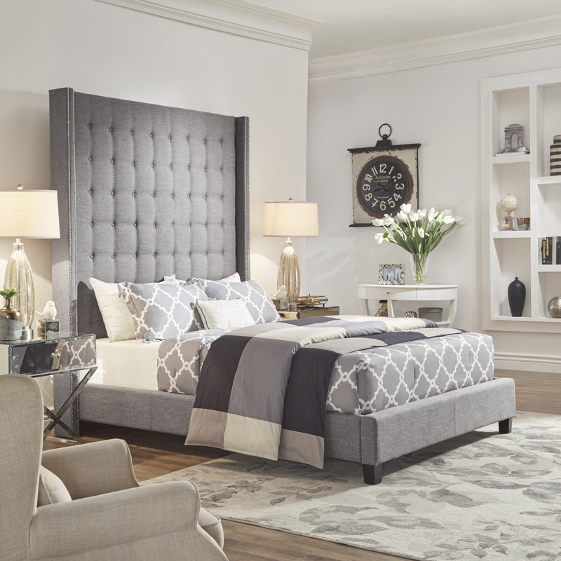 Kaster Upholstered Wingback Bed, Pewter Grey Linen, Queen