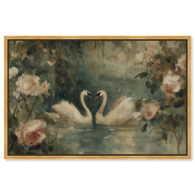 Heart of Two Swans Canvas Print Vintage Wall Decor by Art Remedy, Gold Frame, 45 x 30