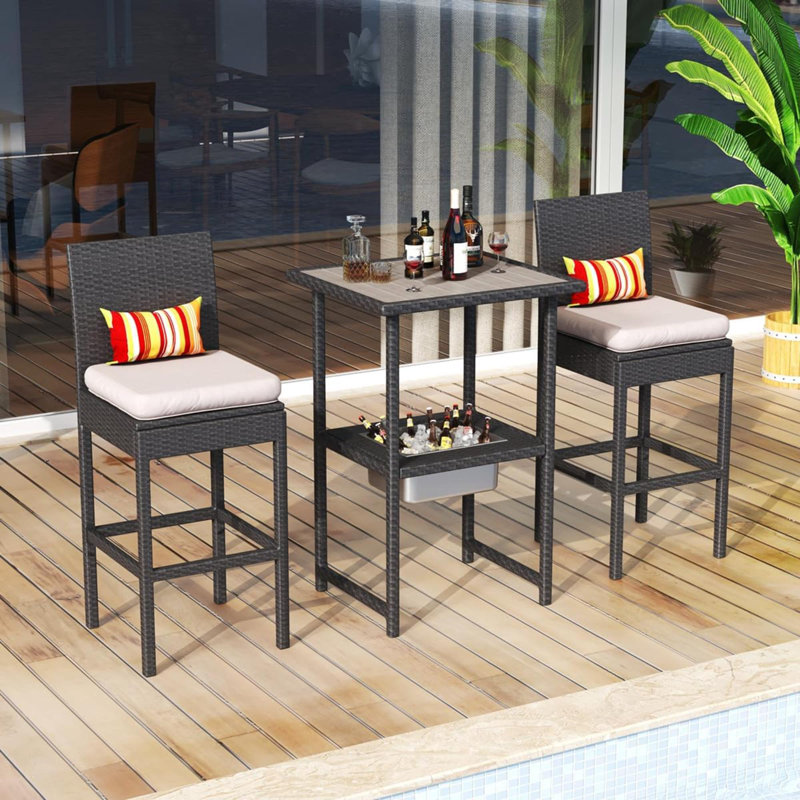 Wicker Table With Ice Bucket  Patio High Top Rattan Pub Table  Outside Tall Dining Table For Outside Deck Porch Balcony Poolside