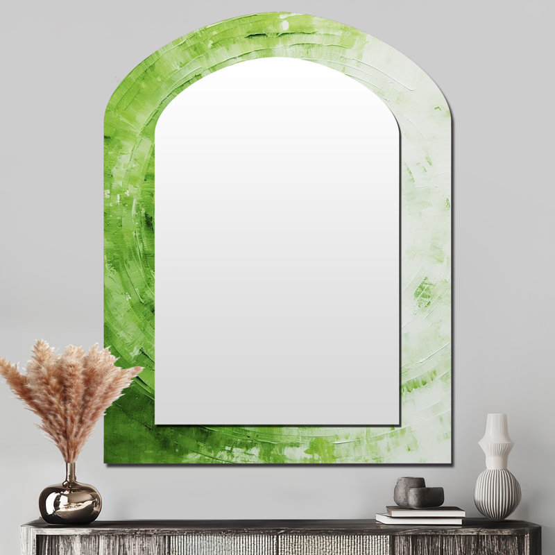 Green White Sage Spirals - Abstract Shapes Asymmetrical Large Mirror, Modern Arch Decorative Wall Mirror, Printed Metal Art