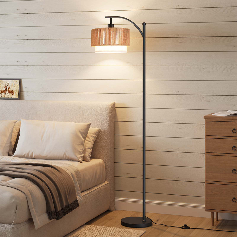 62.8“ Rattan & Linen Double Lampshade Arc Floor Lamp, Black