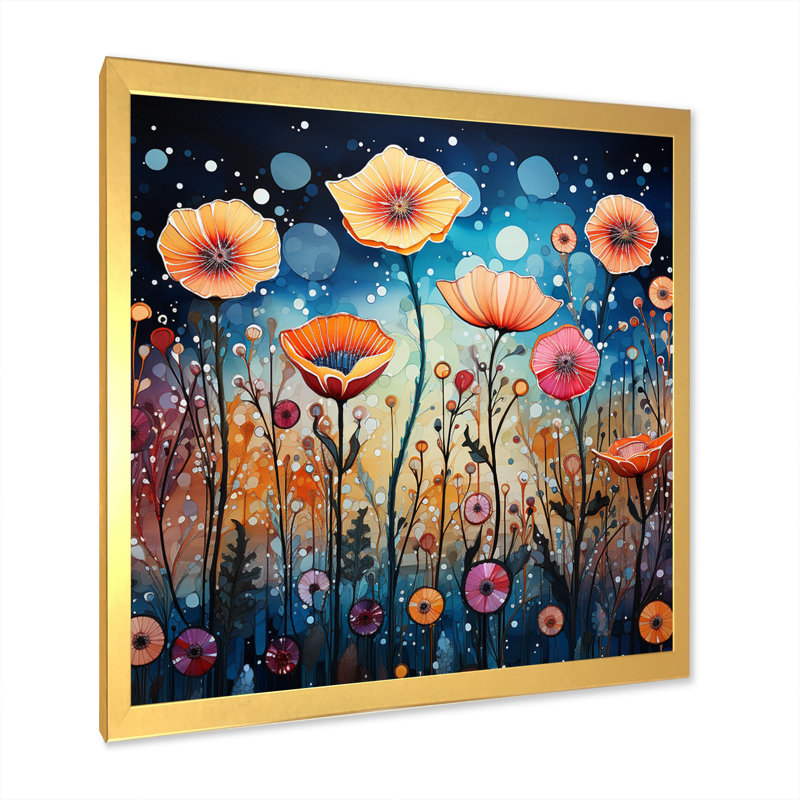 Fleurs sauvages fantaisistes pointillisme II sur toile, Cadre doré à une seule photo, H 30 po x l 30 po x P 1 po