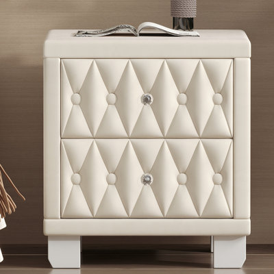 Elegant Velvet Nightstand With 2 Drawers And Crystal Handle, Storage Bedside Table With Button-Tufted, Beige