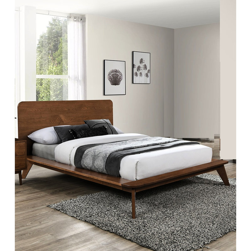 Lit plateforme en bois massif de couleur noyer pleine grandeur, tête de lit à panneau de style Mid-Century, pieds inclinés fuselés, cadre de lit pour matelas, moderne