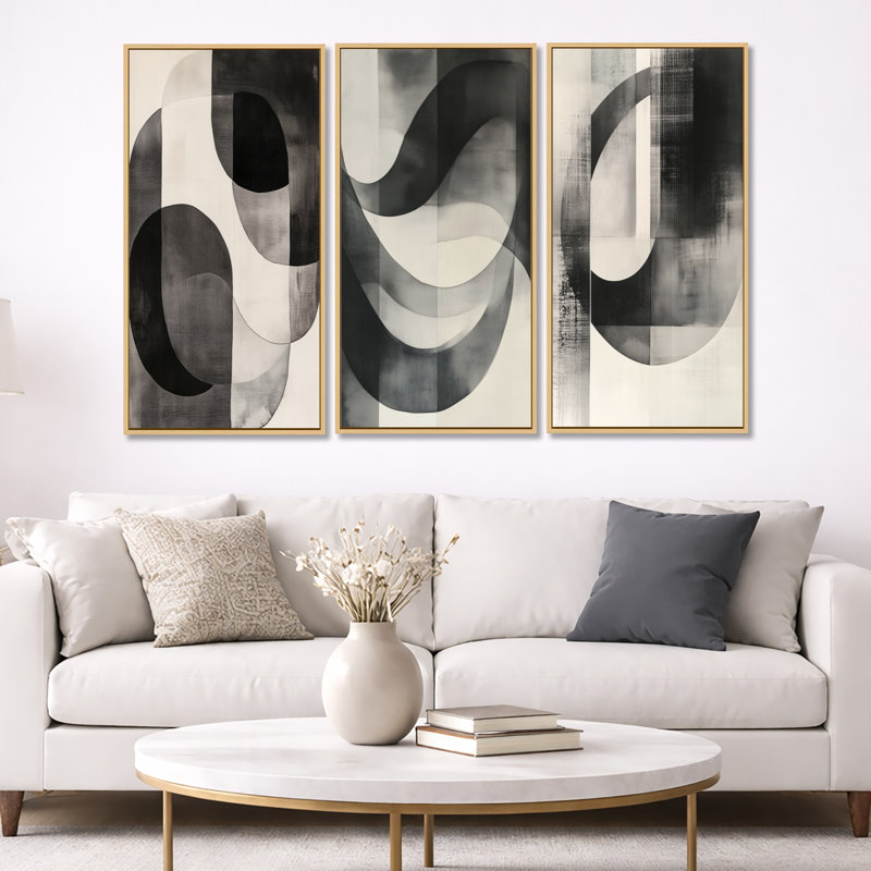 Géométrie noire et blanche Minimal Curves I - Formes abstraites, art mural sur toile, ensemble de 3, H 32 po x l 48 po