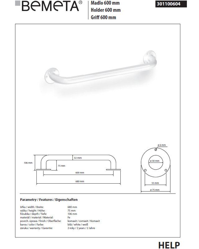 Handrail Help 800 Grab Bar, 8cm H x 68cm W x 10.6cm D