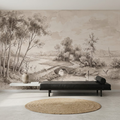 Papier peint sépia, paysage, illustration de toile, scène de rivière