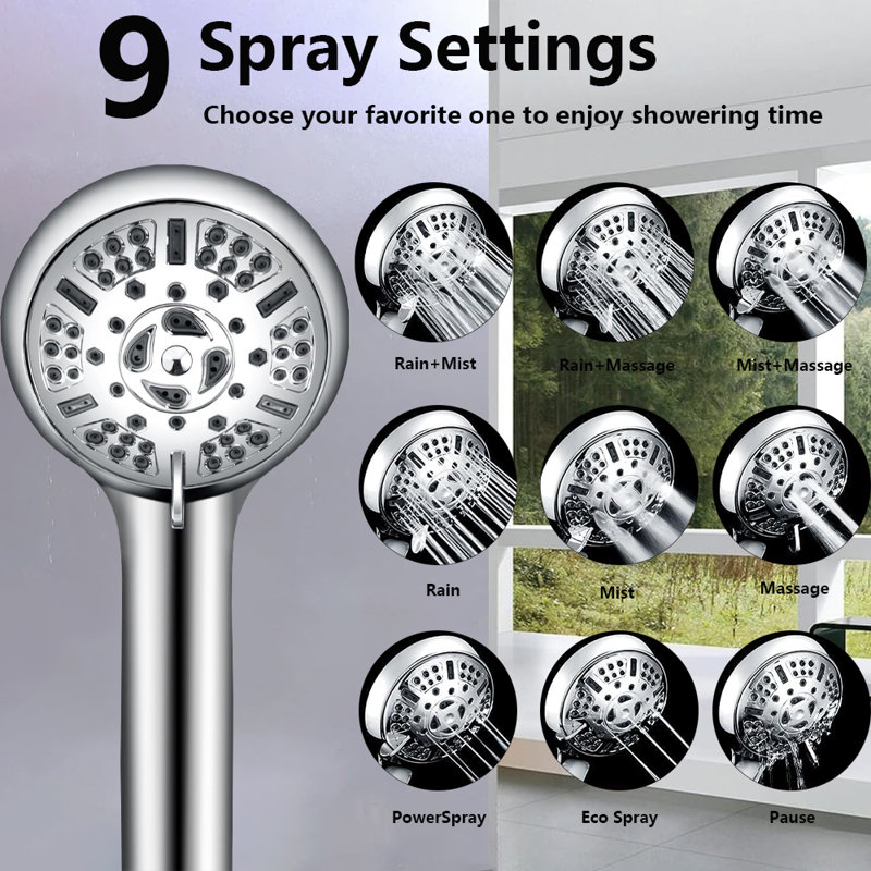 2.5GPM Shower Head With Handheld Spray Combo – 2-In-1 Rainfall Shower Head & High-Pressure Handheld Spray, 9 Spray Modes, Detachable With 60-Inch Hose