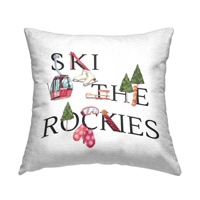 Coussin extérieur à imprimé typographique «Ski The Rockies Seasonal Winter Sports» par Ziwei Li