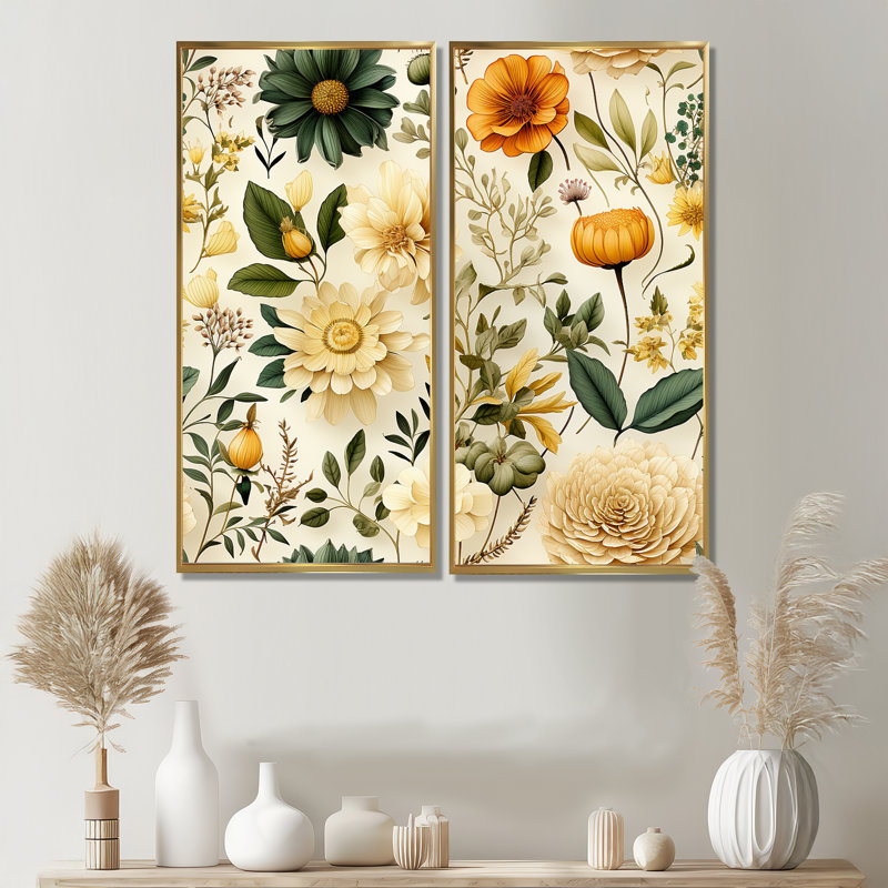 Motif floral boho Wanderlust, H 40 po x l 40 po, Impression encadrée flottante, Doré
