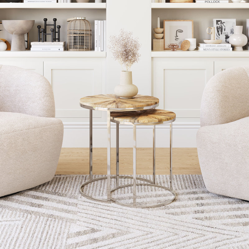Natural Acacia Wood and Steel Nesting Coffee Table Set