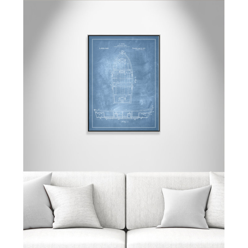 «Boat 1 Blueprint - Blue - Floater Frame», impression sur toile, Cadre argenté, H 40 po x l 30 po x P 2 po