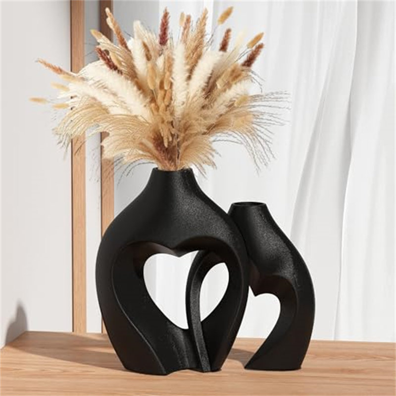 Heart Shaped Ceramic Vase Set of 2, Black Decorative Vases for Home Decor, Black