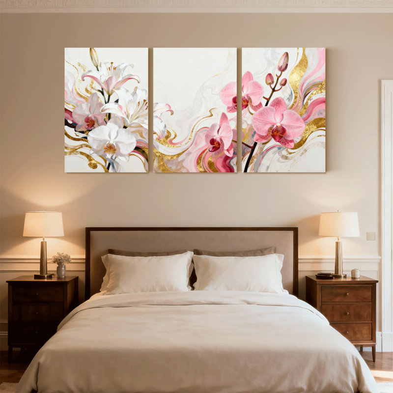 Plantes et fleurs, tourbillons floraux, ensemble de 3 impressions murales sur toile, H 18 po x l 36 po