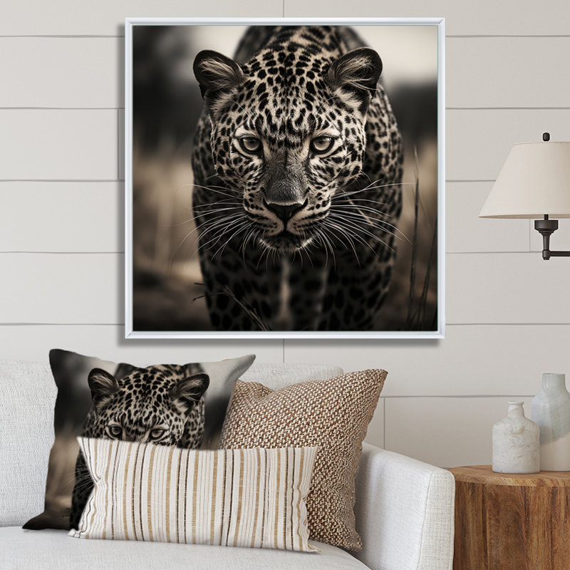Portrait d'un léopard africain sur toile, Cadre flottant blanc, H 16 po x l 16 po x P 1 po