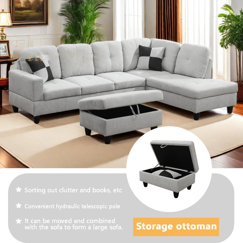 Canapé modulaire en flanelle 3 pièces, Gris, Orienté à droite