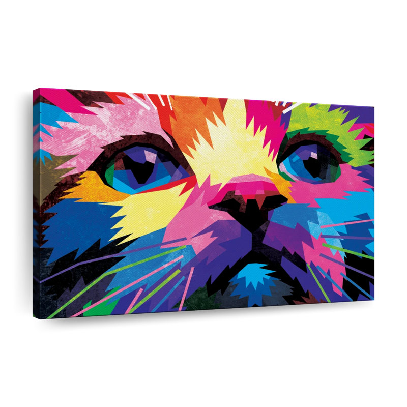 Chat abstrait multicolore - reproduction sur toile tendue, H 24 po x l 36 po x P 1,25 po