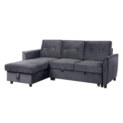 Humberto 83"W Dark Gray Velvet Reversible Sleeper Sectional Sofa With Storage Chaise