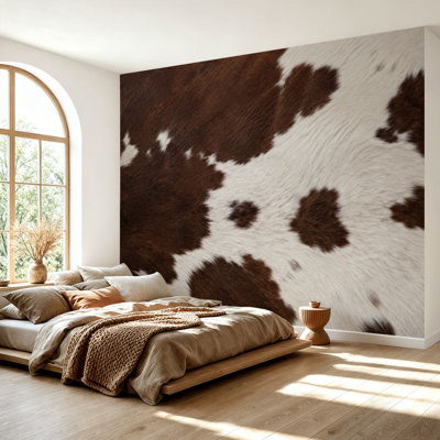 Wall Mural Peel and Stick Wallpaper Real Cowhide Beautiful white brown cowhide Close up cow Self-Adhesive Removable Contact Paper Wall Decor for Living Room Bedroom 100"H x 144"W