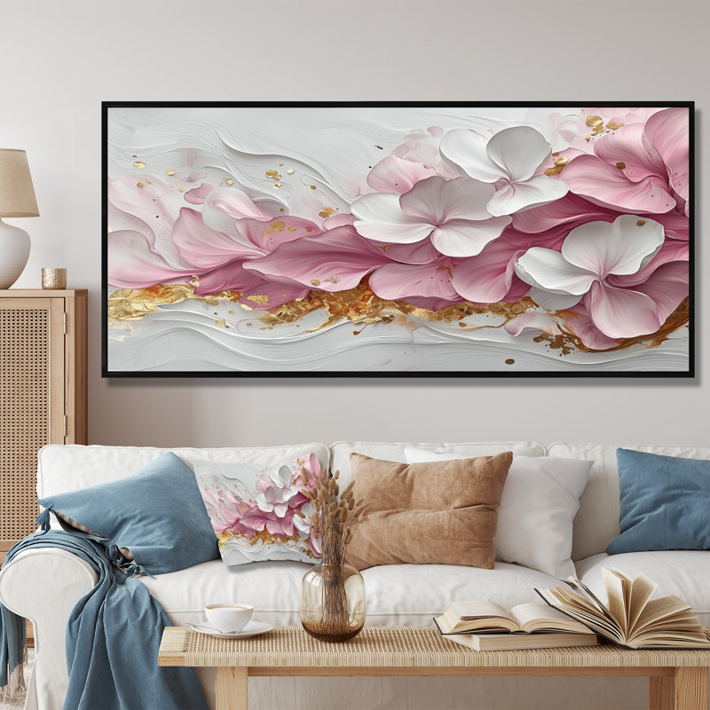 Or rose élégant veines de pétales de fleurs - art abstrait grand fleurs abstraites, H 28 po x l 60 po, Cadre flottant, Noir