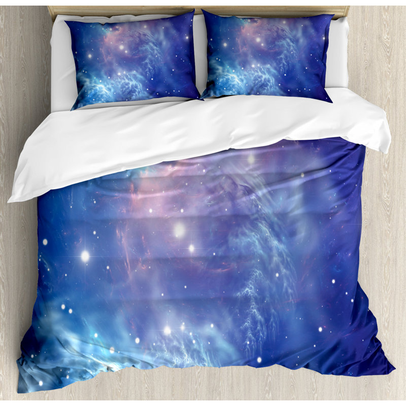 Queen Purple Navy Microfiber Outer Space Duvet Cover Set