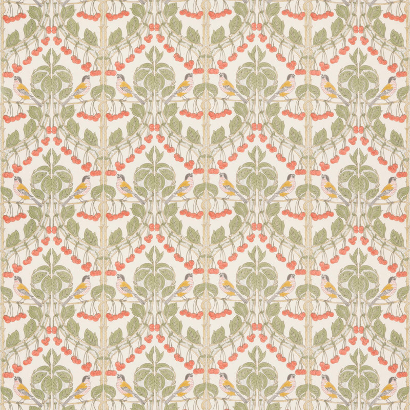 Original Brantwood Birds and Cherries 100% Cotton Performance Fabric, Red/Green