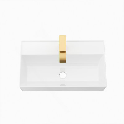 21"X12" Wall-Mounted Rectangular Ceramic Bathroom Sink With Gold Towel Bar & Overflow, Gold Faucet