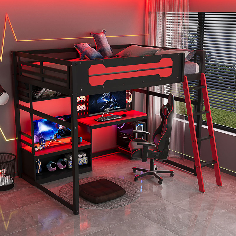 Lit mezzanine en bois avec bureau, Noir / Rouge