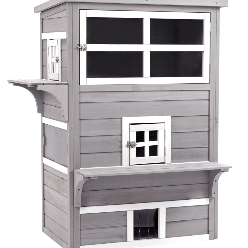 Chaton de 3 étages, maison de chat d'extérieur en gris, plancher surélevé, portes de secours et plateformes de saut d'intrigue
