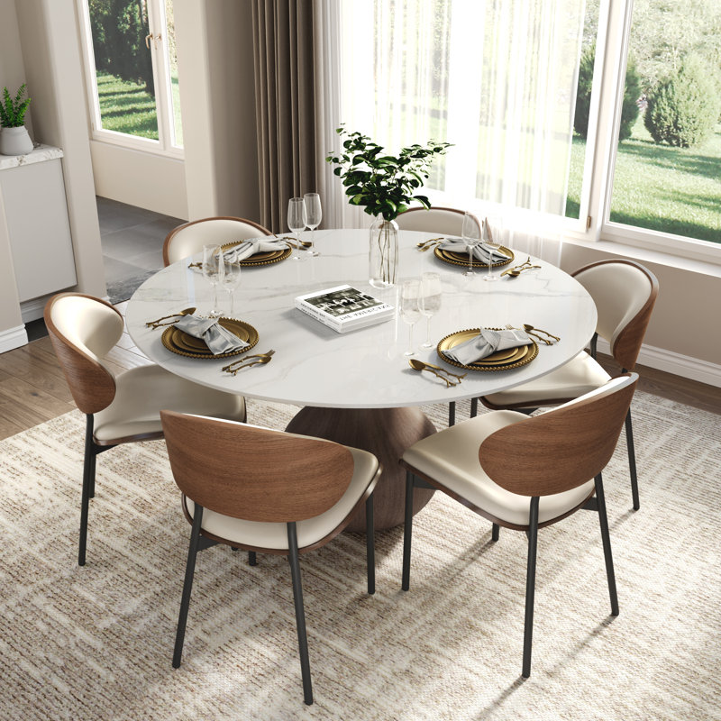Ensemble de table de salle à manger 7 pièces Otelia, H 29,52 po x l 53 po x P 53 po, Glossy White/Dark Walnut, Blanc