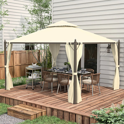 Pavillon de jardin extérieur 10 pi x 12 pi avec construction en acier. Rideaux d'intimité, auvent double. Caractéristique élégante. Pavillon de jardin beige Encadrement des rideaux. Toit, ventilation. Spacieux pour les réunions de famille et les fêtes