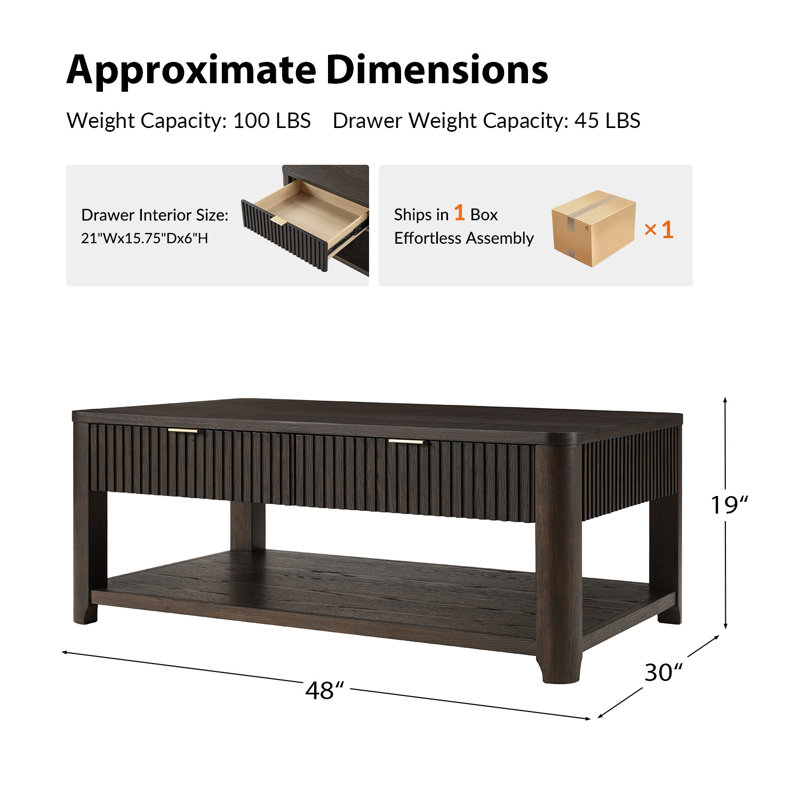 Jadida Francisco Modern 48'' W Oak Veneer Fluted Solid Wood Coffee Table with 2 Drawer, Charcoal