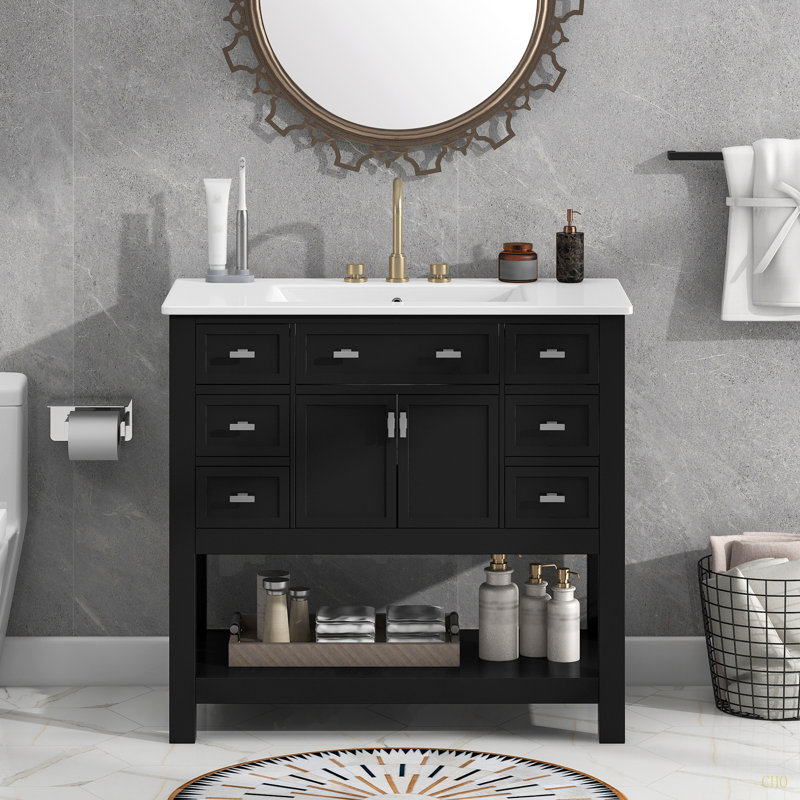 Meuble-lavabo 36 po avec lavabo supérieur, armoire de rangement moderne avec 2 portes à fermeture douce et 6 tiroirs, meuble-lavabo simple