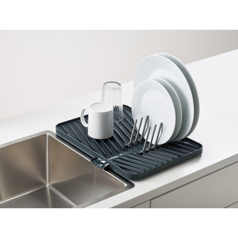 Gray Foldable Plastic Dish Draining Board with Pop-Up Rack
