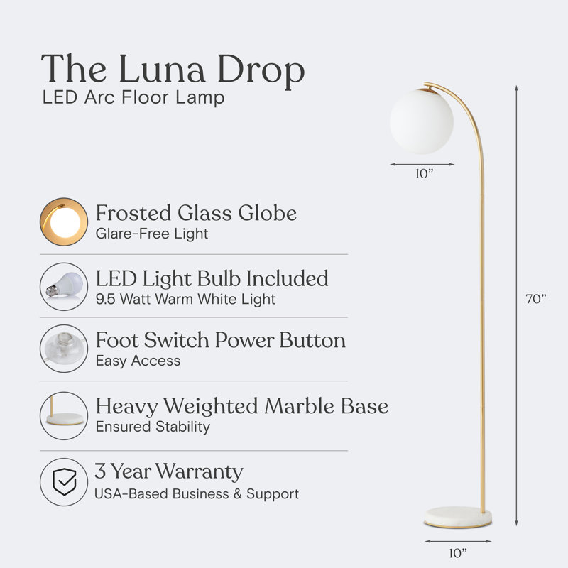 Luna Drop 75 in. Modern LED Arc Floor Lamp with Frosted Glass Globe Shade