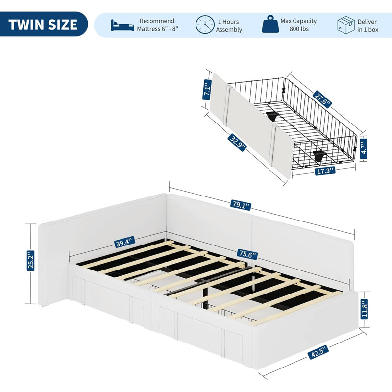 Twin Daybed with 2 Storage Drawers & Guardrails - Velvet Upholstered Corner Sofa Bed with Extended Headboard - Adjustable Bed Frame for Kids Bedroom, Guest Room - Noiseless Rolling Wheels