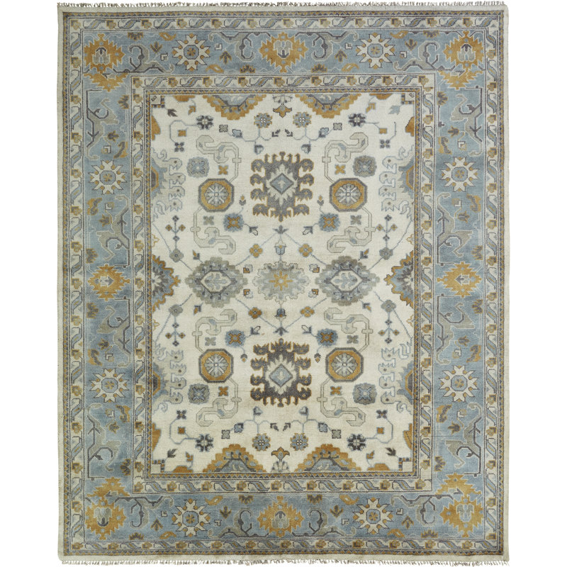 Hand Knotted Wool Ivory/Blue Area Rug, Blue, Rectangle 8'6" x 11'6"