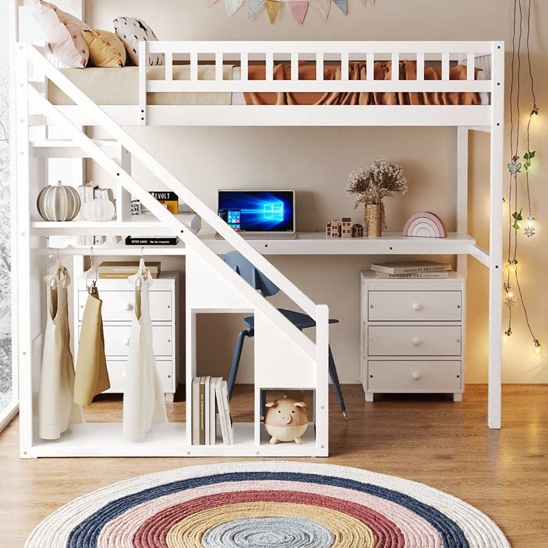 Lit mezzanine simple spacieux avec bureau intégré, 2 tiroirs et lumières DEL contrôlées par l'application AVELOR, Lit simple