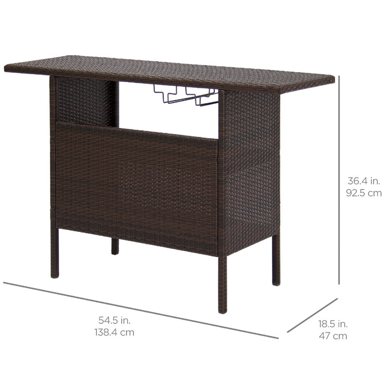 Modern Outdoor Wicker Bar Counter Table with Steel Shelves - Brown