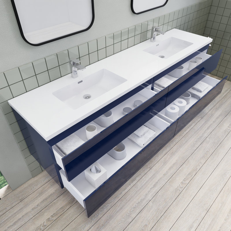 Alfret Ivy Bronx 84" Double Sink Bathroom Vanity Set, Gloss Blue