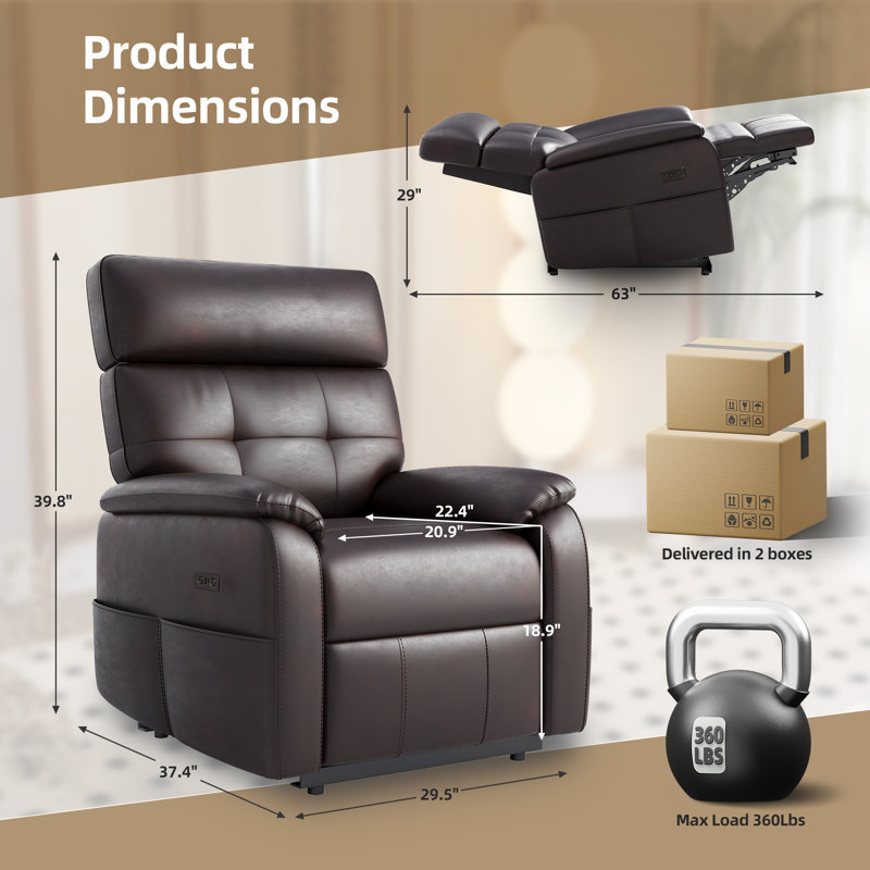 Fauteuil inclinable électrique en cuir Zero Gravity avec chargeur USB et poches de rangement, Brun foncé