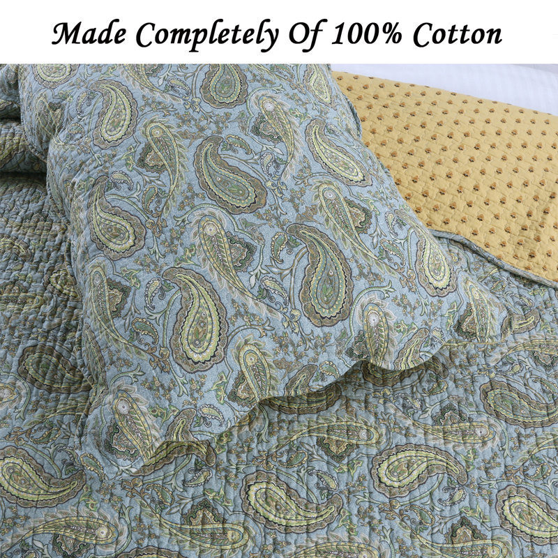Full Blue Cotton Reversible Paisley Quilt Set